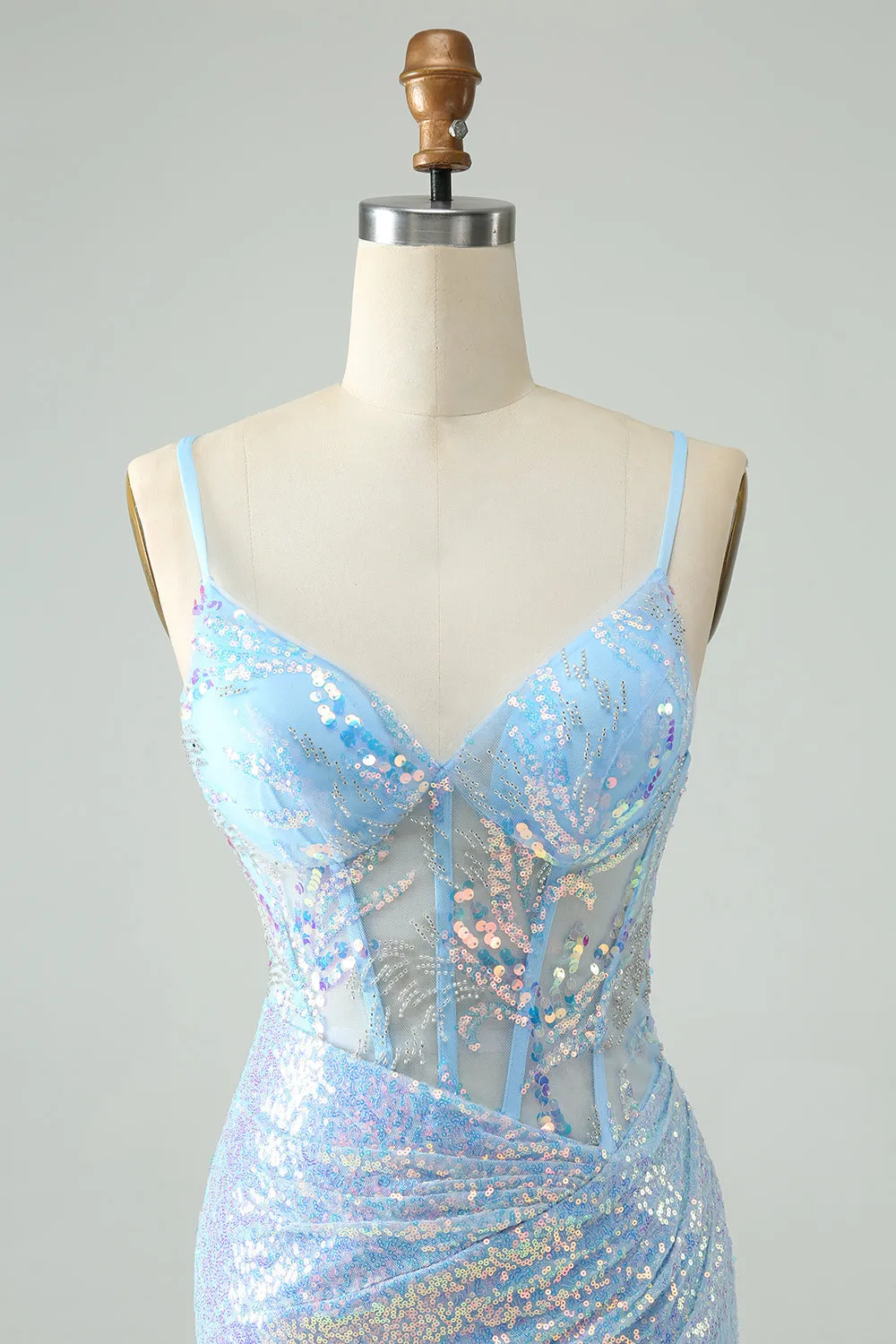 Glitter Light Blue Tight Spaghetti Straps Corset Short Homecoming Dress with Sequins