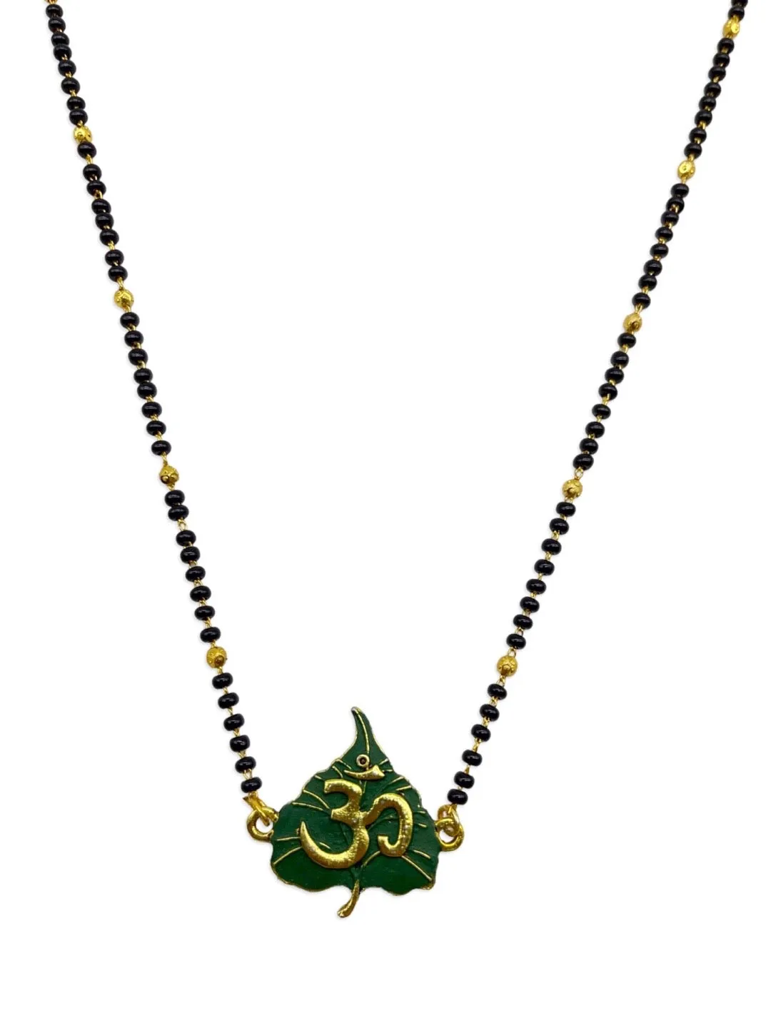 Gold Plated Trendy Long Mangaslutra Designs Leaf/Om Pendant Simple Gold And Black Beads Chain