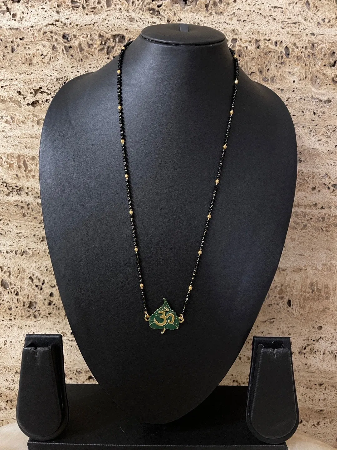 Gold Plated Trendy Long Mangaslutra Designs Leaf/Om Pendant Simple Gold And Black Beads Chain