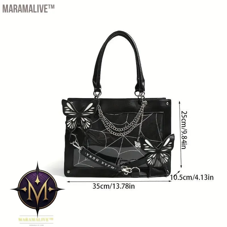 Gothic Butterfly Deco Tote Bag, Y2K Punk Crossbody Bag, Funky Shoulder Purse & Handbag For Girls