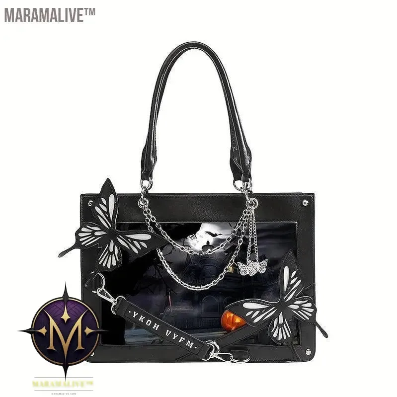 Gothic Butterfly Deco Tote Bag, Y2K Punk Crossbody Bag, Funky Shoulder Purse & Handbag For Girls