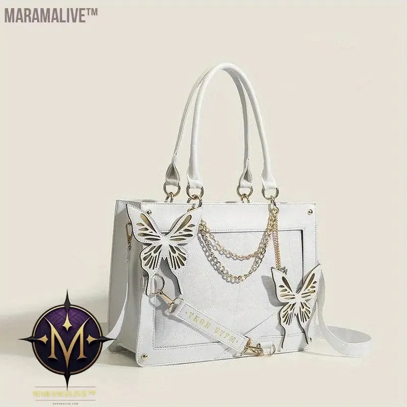 Gothic Butterfly Deco Tote Bag, Y2K Punk Crossbody Bag, Funky Shoulder Purse & Handbag For Girls