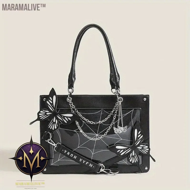 Gothic Butterfly Deco Tote Bag, Y2K Punk Crossbody Bag, Funky Shoulder Purse & Handbag For Girls