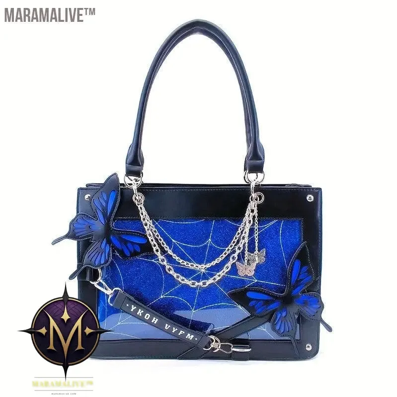 Gothic Butterfly Deco Tote Bag, Y2K Punk Crossbody Bag, Funky Shoulder Purse & Handbag For Girls