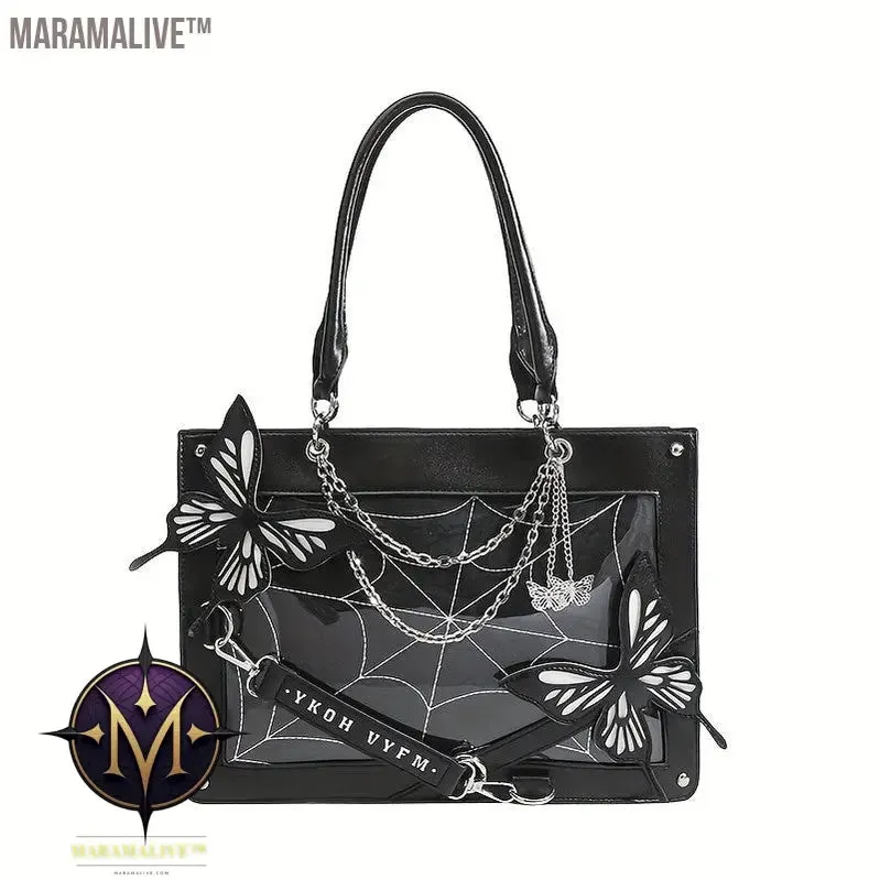 Gothic Butterfly Deco Tote Bag, Y2K Punk Crossbody Bag, Funky Shoulder Purse & Handbag For Girls