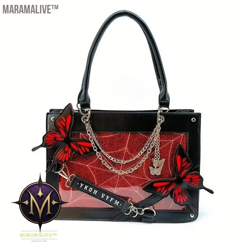 Gothic Butterfly Deco Tote Bag, Y2K Punk Crossbody Bag, Funky Shoulder Purse & Handbag For Girls
