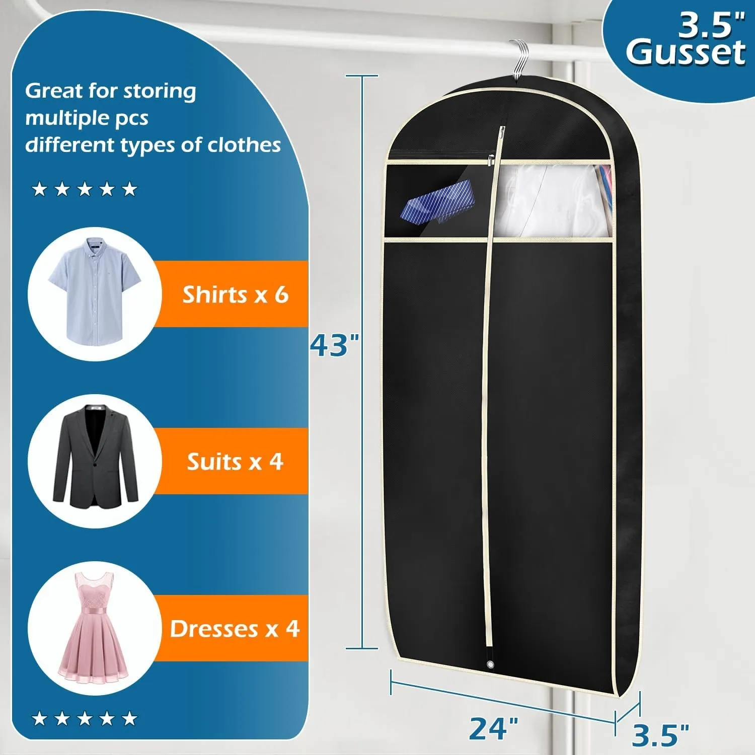 Gusseted Travel Garment Bag for Shirts Dresses and suit Coats 43"