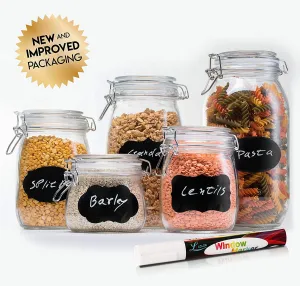 HomEquip 5-Piece Airtight Canister Set with Clip Top Lids (Clear Glass): Kitchen Preserving Storage Jars - Great Dry Food Pantry Containers for Pasta, Cereal, Cookies, Sugar, Flour Coffee & Tea