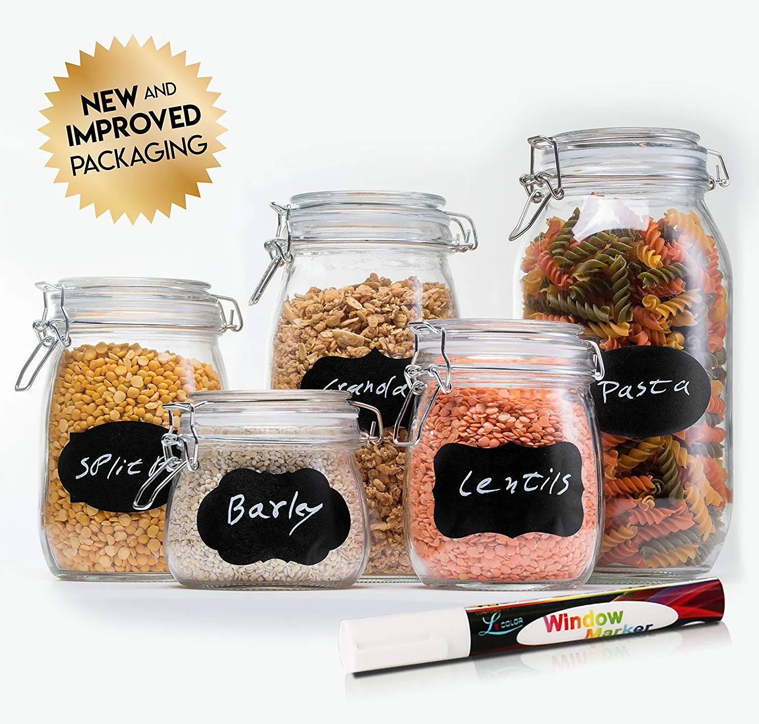 HomEquip 5-Piece Airtight Canister Set with Clip Top Lids (Clear Glass): Kitchen Preserving Storage Jars - Great Dry Food Pantry Containers for Pasta, Cereal, Cookies, Sugar, Flour Coffee & Tea