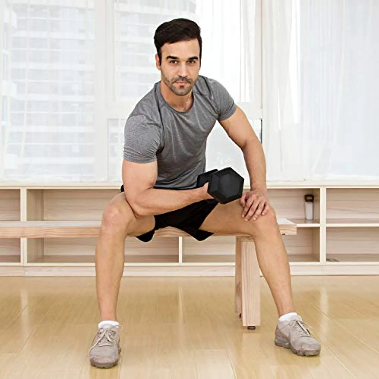 JFIT Rubber Hex Dumbbell 5 LB Single - Hex Shaped Heads to Prevent Rolling and Injury - Ergonomic Hand Weights for Exercise, Therapy, Building Muscle, Strength and Weight Training