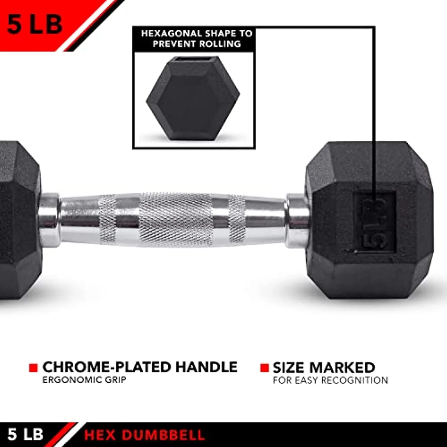 JFIT Rubber Hex Dumbbell 5 LB Single - Hex Shaped Heads to Prevent Rolling and Injury - Ergonomic Hand Weights for Exercise, Therapy, Building Muscle, Strength and Weight Training
