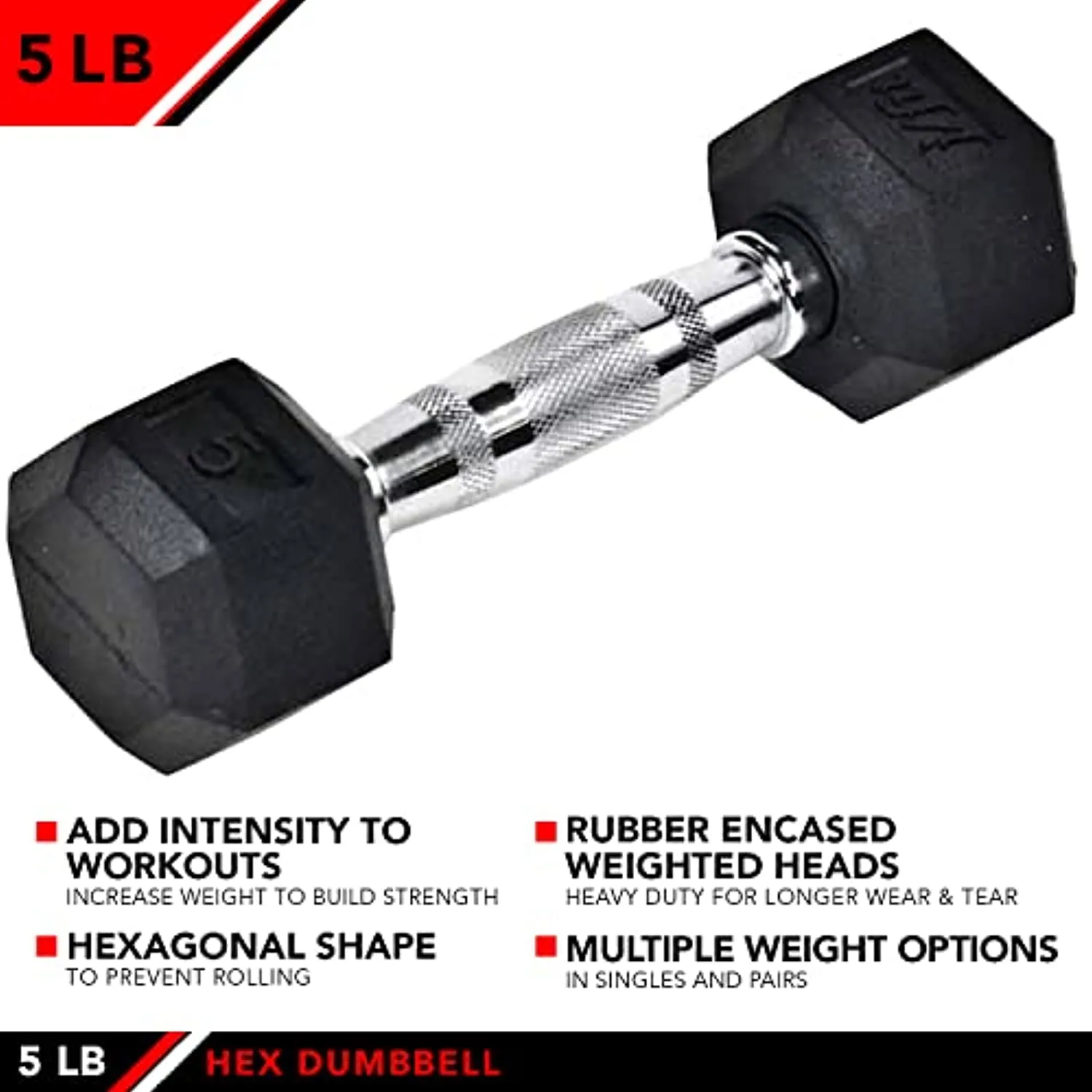 JFIT Rubber Hex Dumbbell 5 LB Single - Hex Shaped Heads to Prevent Rolling and Injury - Ergonomic Hand Weights for Exercise, Therapy, Building Muscle, Strength and Weight Training
