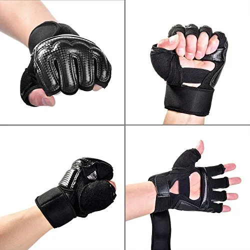Kickboxing Gloves Punch Bag Muay Thai Boxing Training Fingerless Gloves for Men Women Children (Black, L)