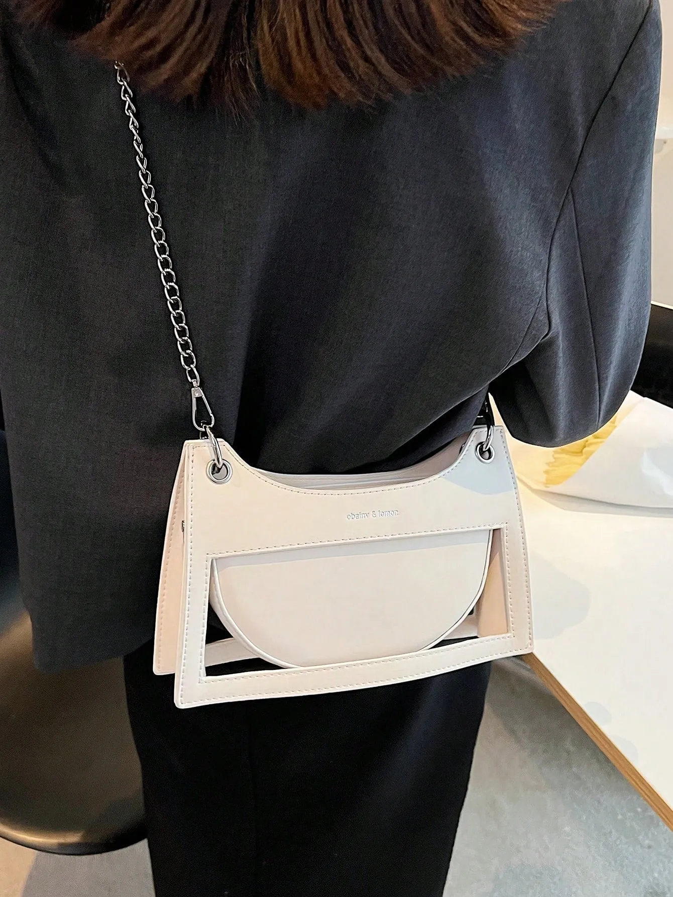 Letter Graphic Chain Zipper PU Baguette Bag - White