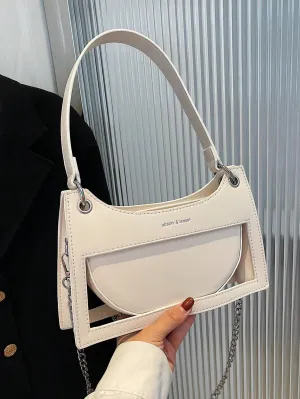 Letter Graphic Chain Zipper PU Baguette Bag - White