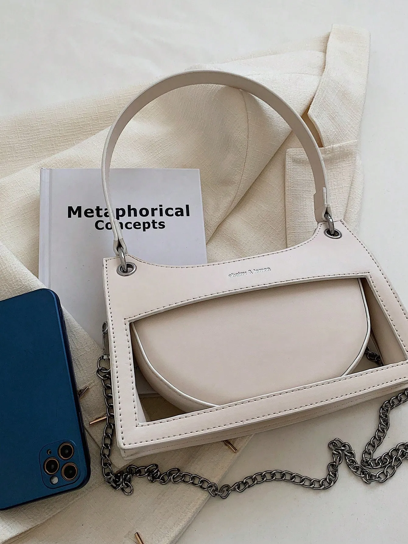 Letter Graphic Chain Zipper PU Baguette Bag - White