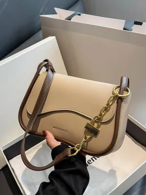 Letter Graphic Contrast Binding Flap Square Bag - Khaki