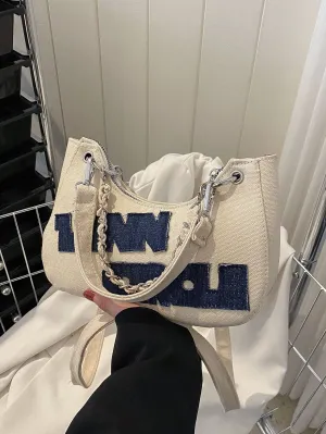 Letter Patch Decor Chain Hobo Bag - White