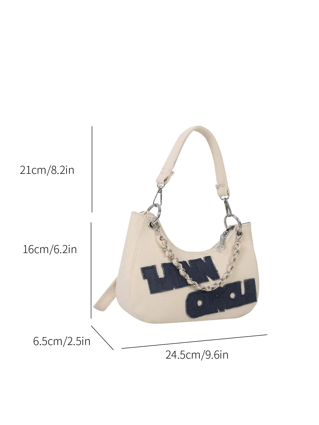 Letter Patch Decor Chain Hobo Bag - White