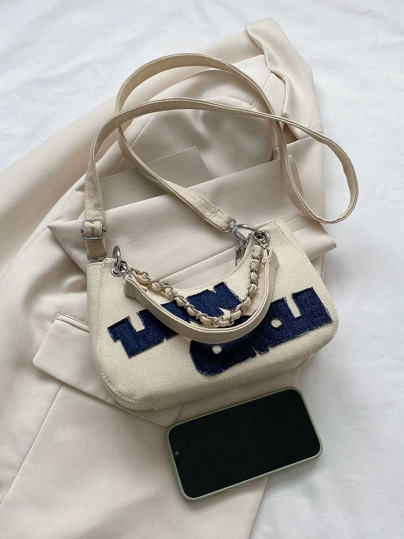 Letter Patch Decor Chain Hobo Bag - White