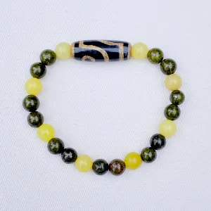 Men's Lemon Jade, green Pyrite, and Tibetan Agate Gemstone stretch Bracelet