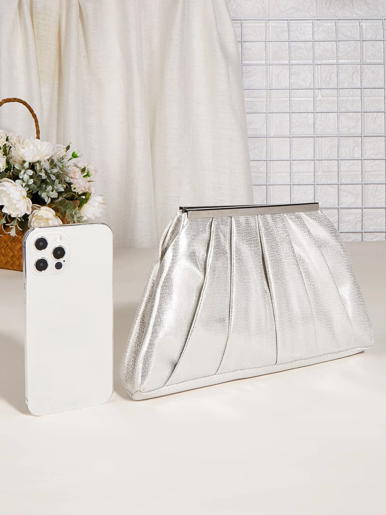 Metallic Chain Ruched Bag - Silver - FD ⚡