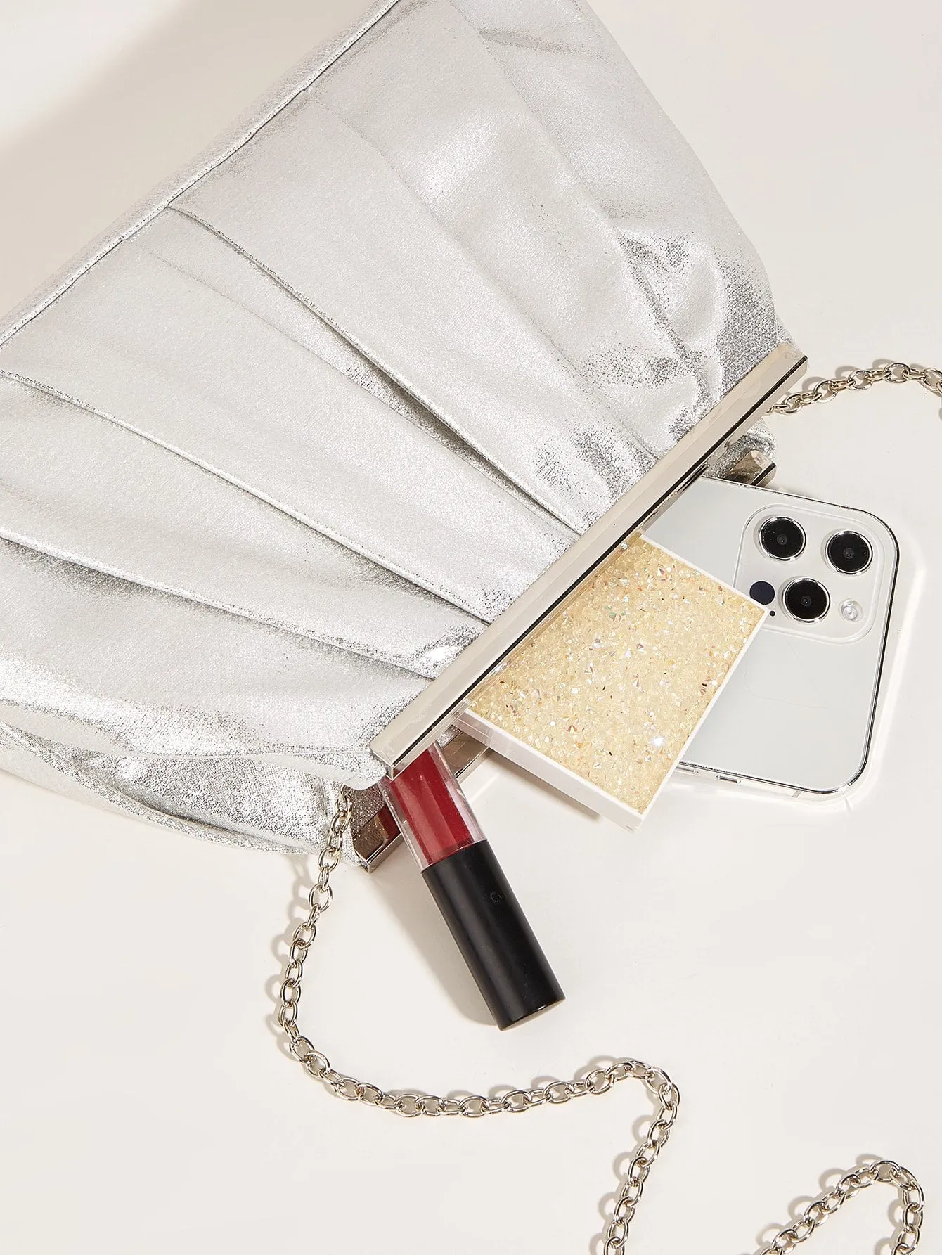 Metallic Chain Ruched Bag - Silver - FD ⚡