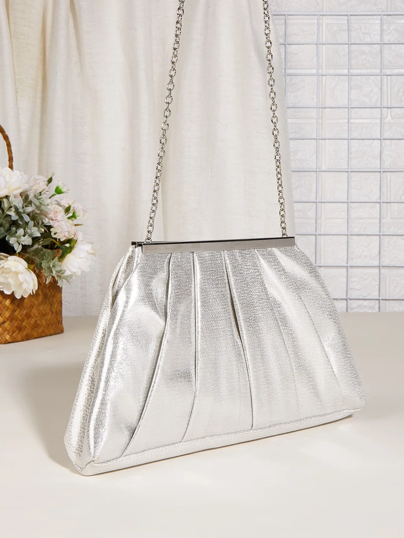 Metallic Chain Ruched Bag - Silver - FD ⚡