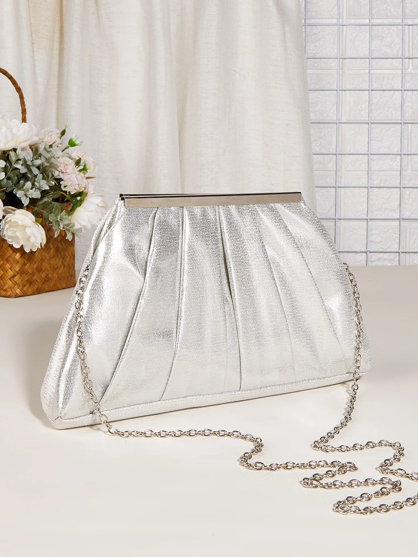 Metallic Chain Ruched Bag - Silver - FD ⚡