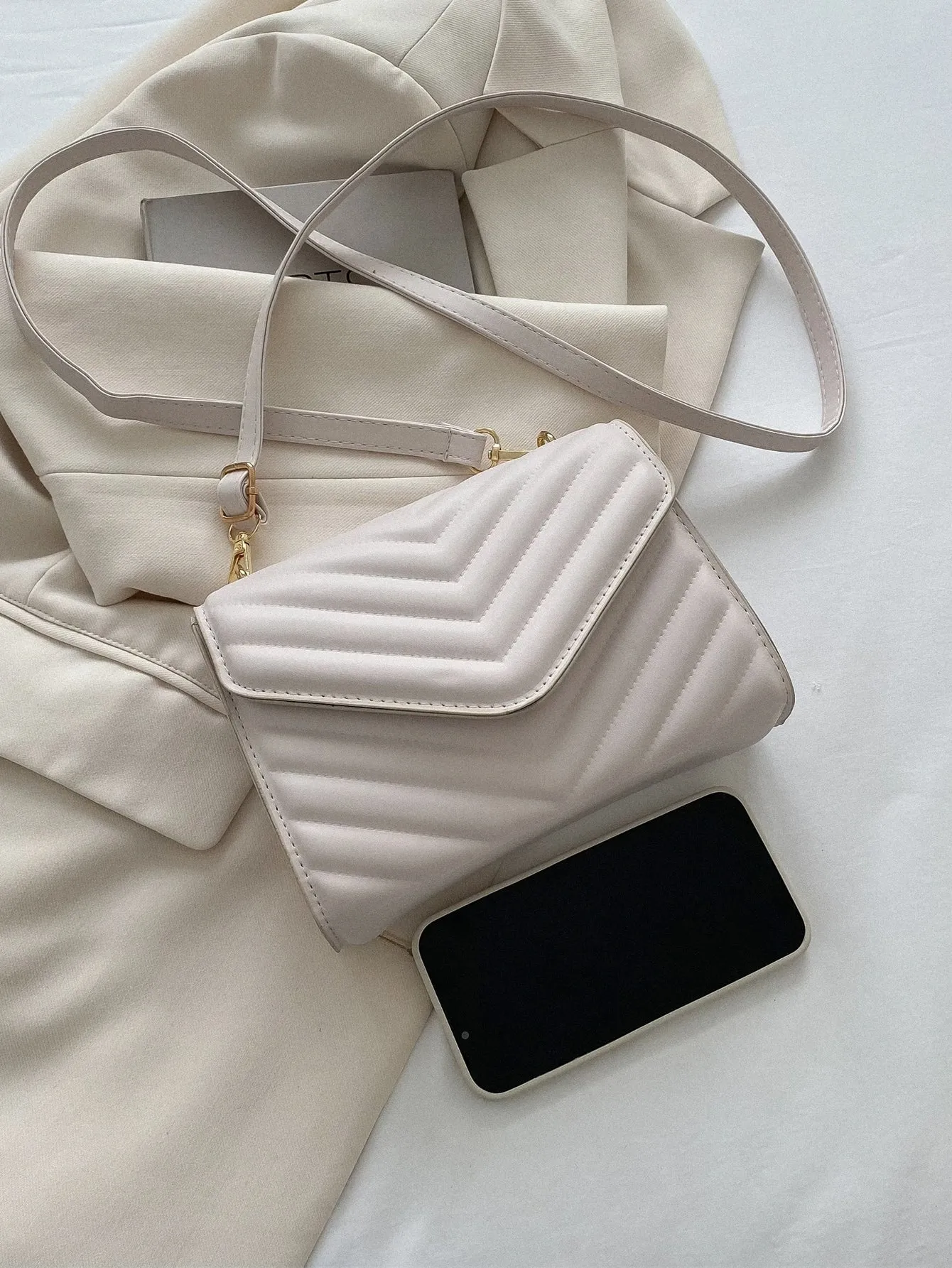 Mini Chevron Quilted Flap Square Bag - Beige