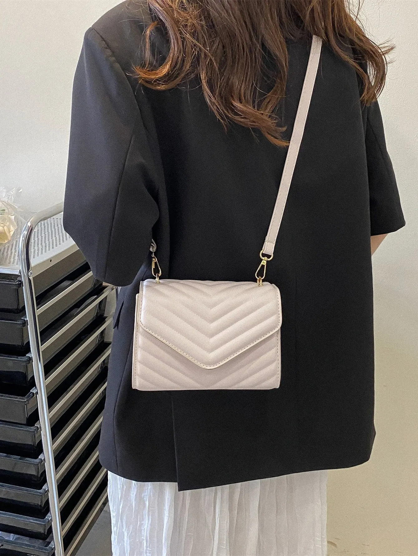 Mini Chevron Quilted Flap Square Bag - Beige