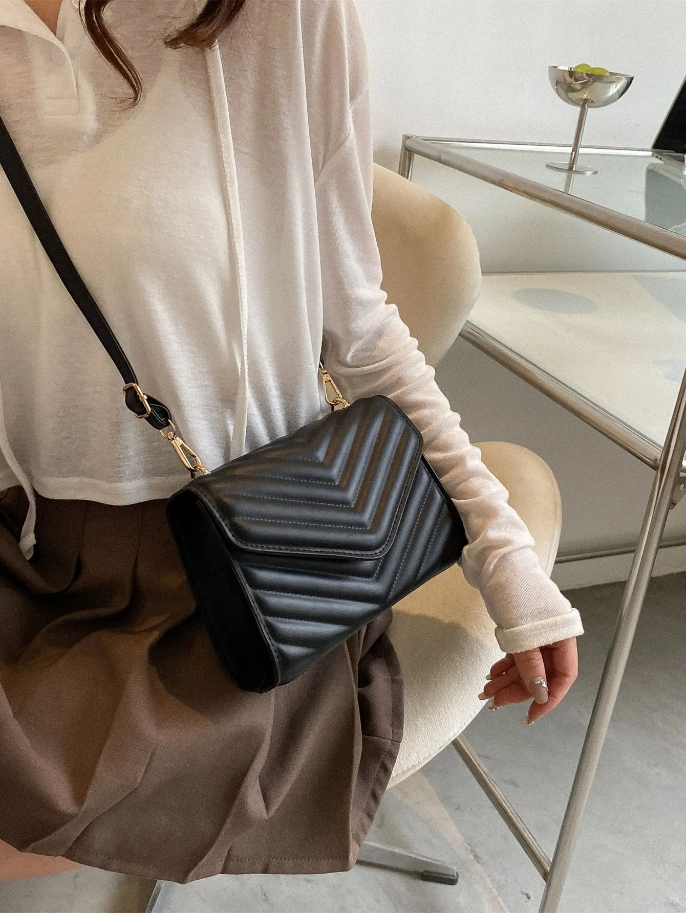 Mini Chevron Quilted Flap Square Bag - Black