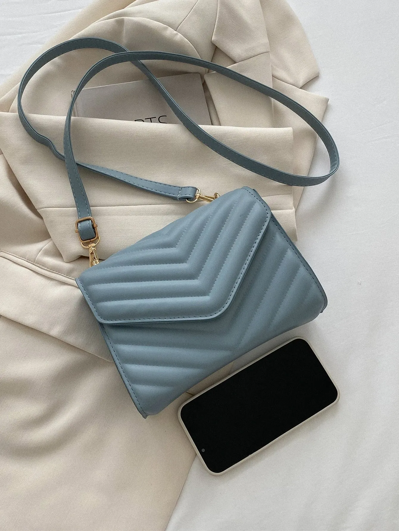 Mini Chevron Quilted Flap Square Bag - Dusty Blue