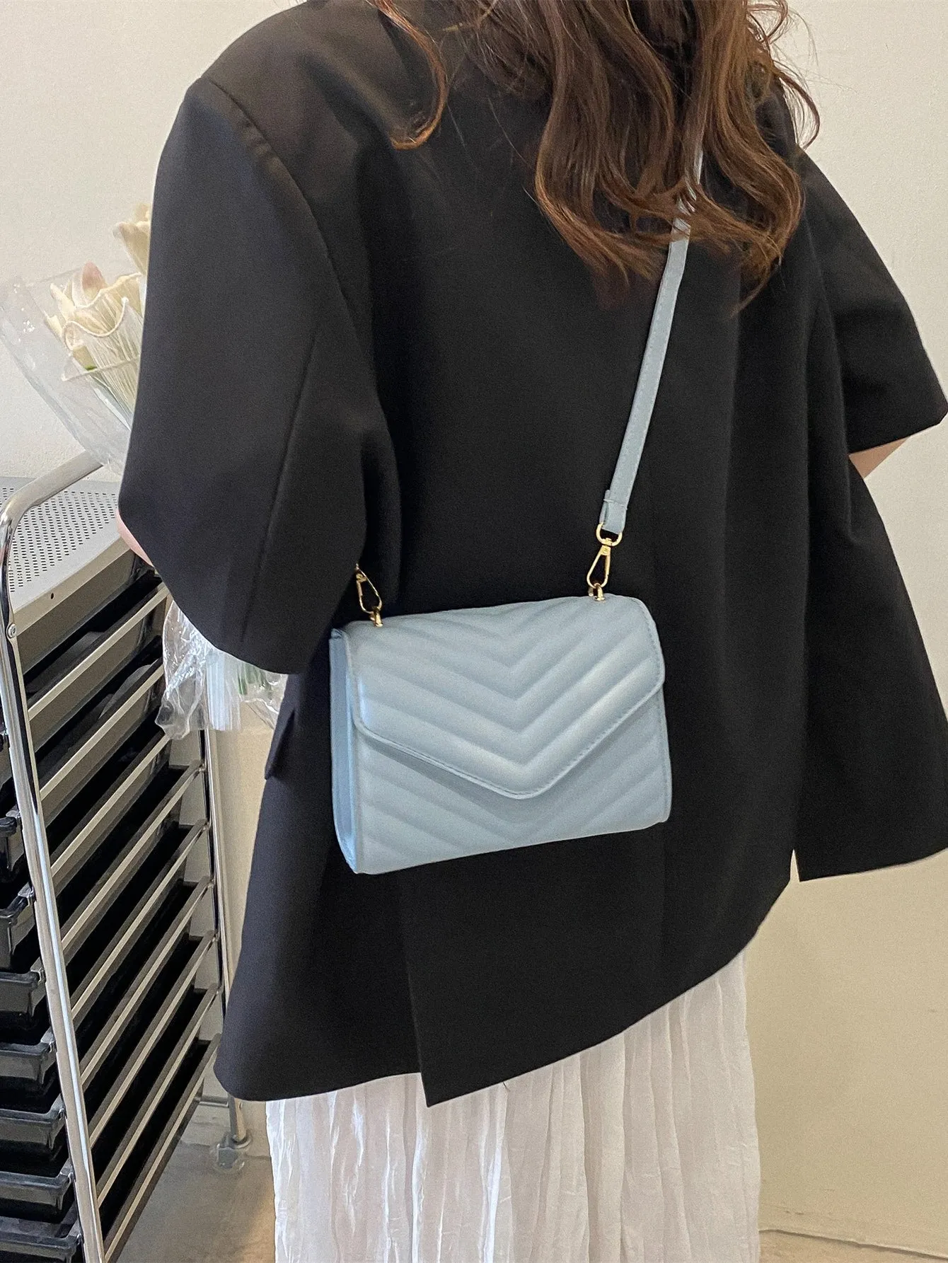 Mini Chevron Quilted Flap Square Bag - Dusty Blue