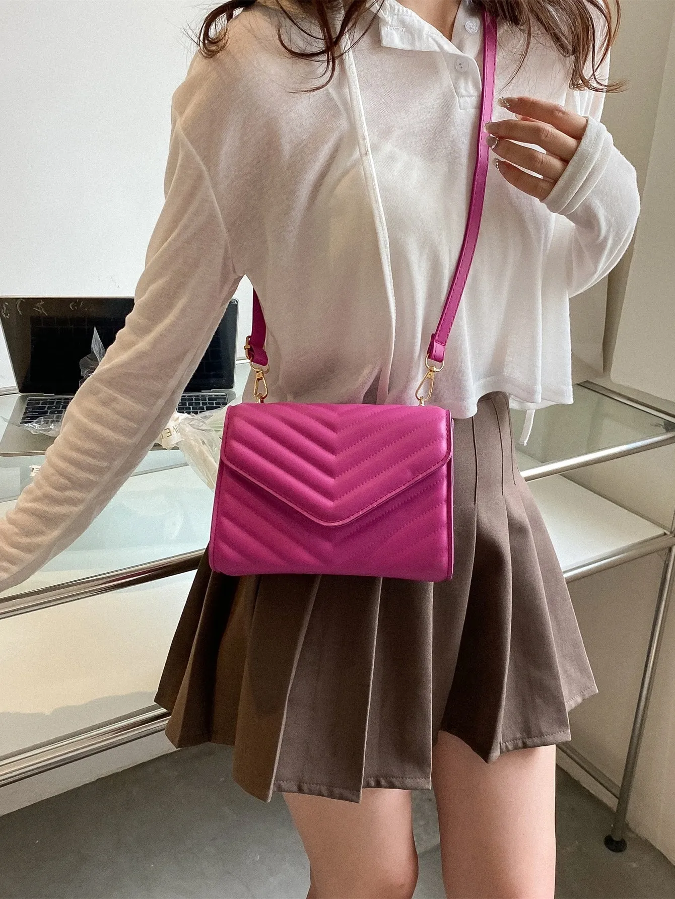 Mini Chevron Quilted Flap Square Bag - Hot Pink