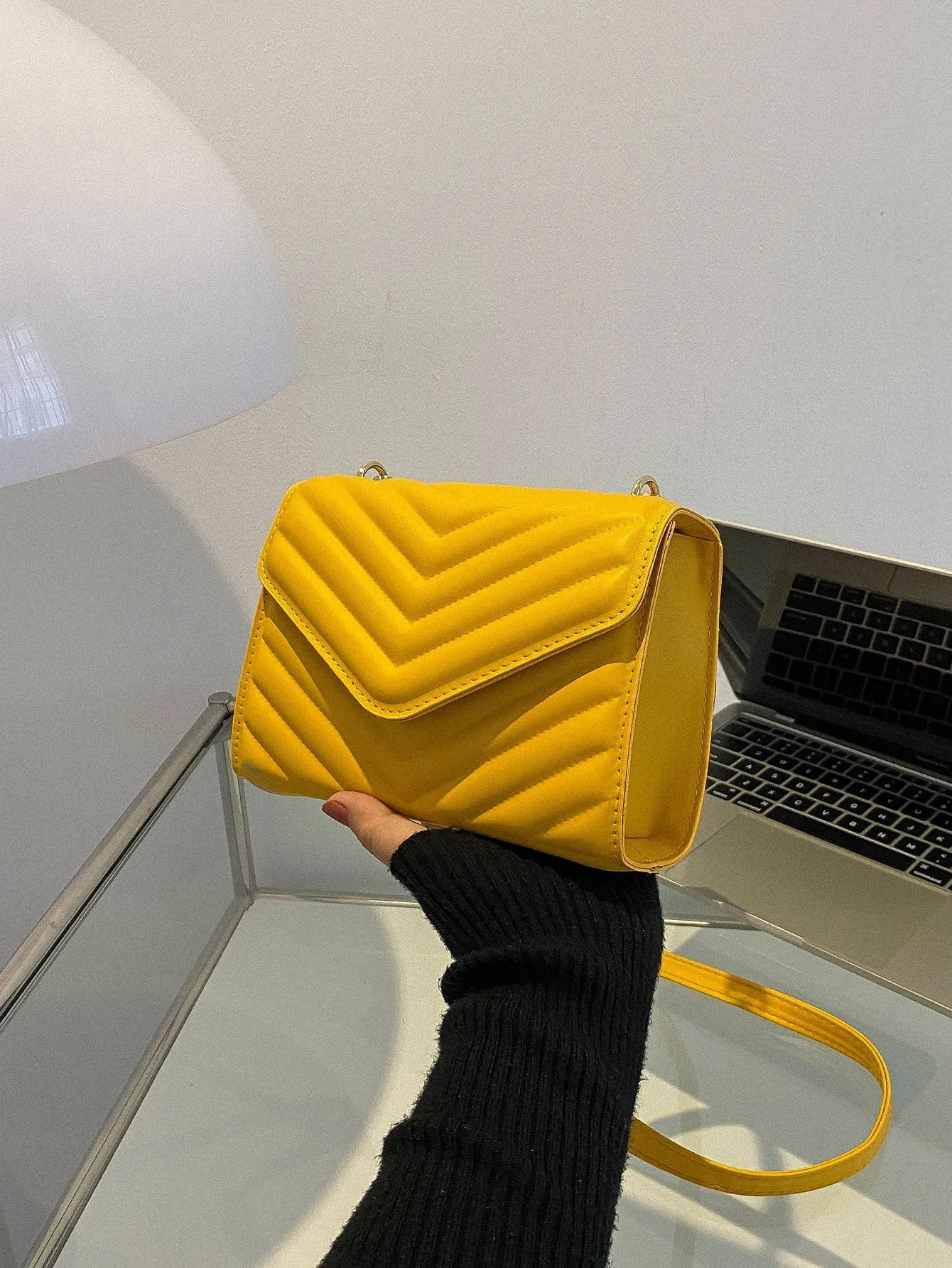Mini Chevron Quilted Flap Square Bag - Mustard Yellow