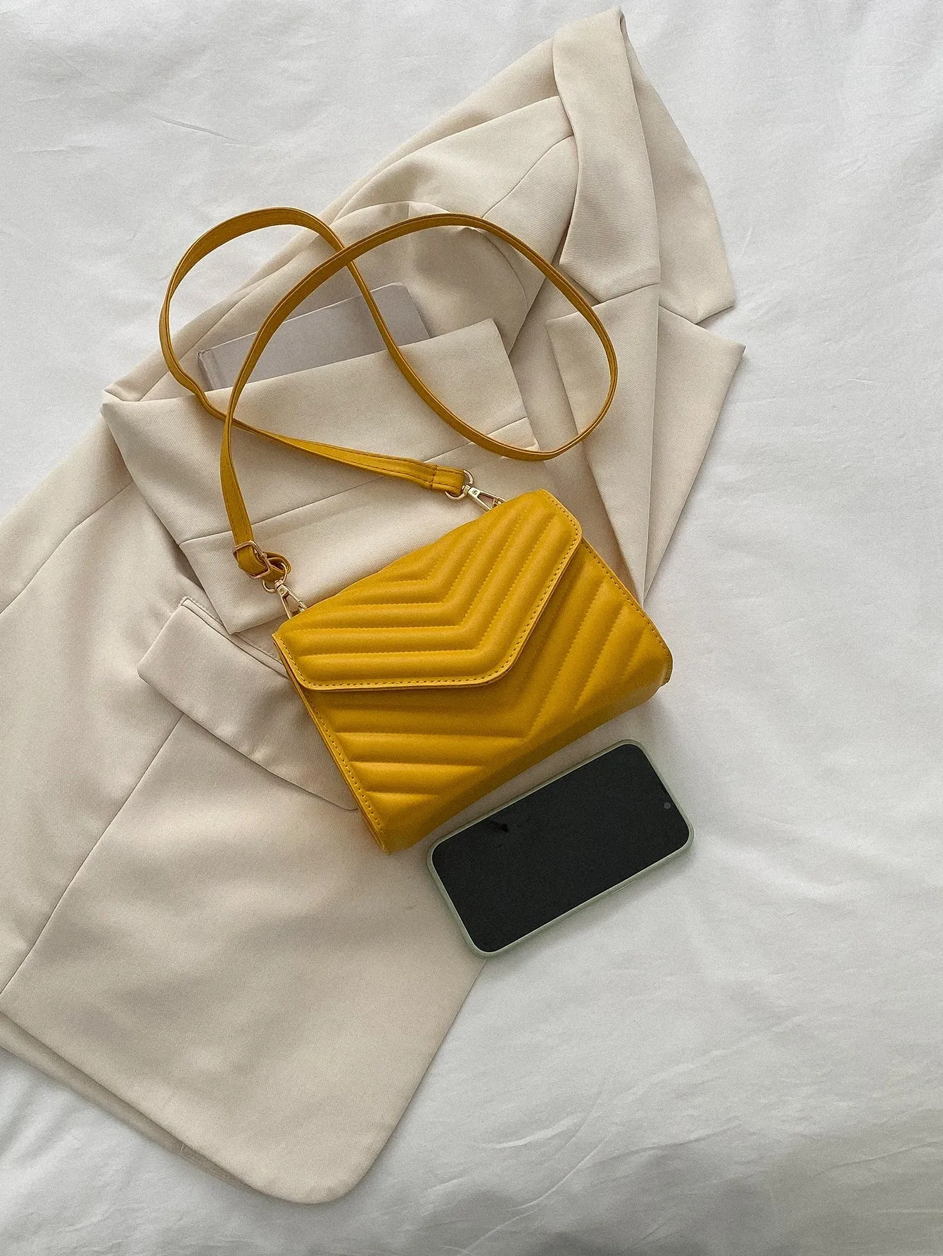 Mini Chevron Quilted Flap Square Bag - Mustard Yellow