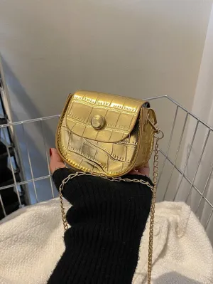 Mini Metallic Croc Embossed Flap Chain Saddle Bag - Gold- FD ⚡
