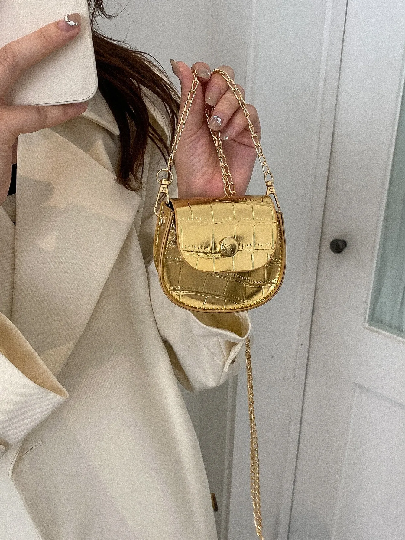 Mini Metallic Croc Embossed Flap Chain Saddle Bag - Gold- FD ⚡