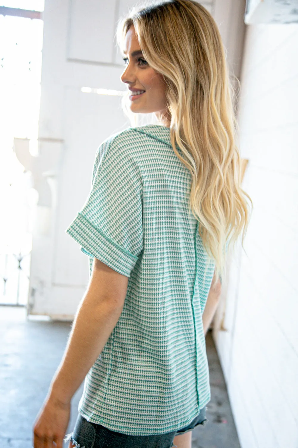 Mint Two-Tone Jacquard Dolman Out Seam Top