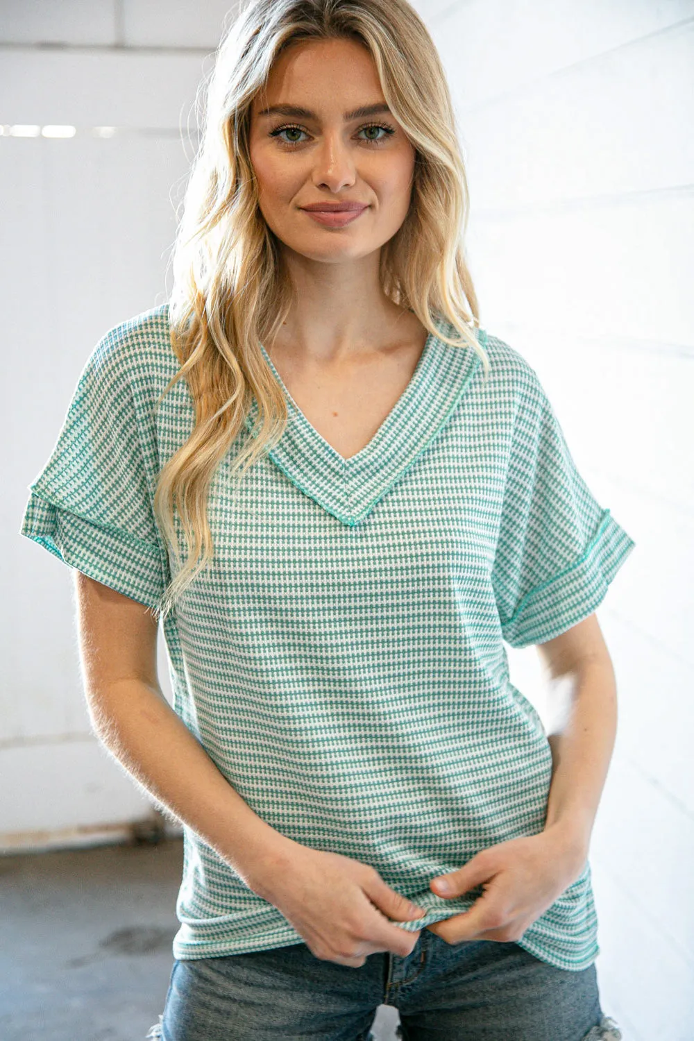 Mint Two-Tone Jacquard Dolman Out Seam Top