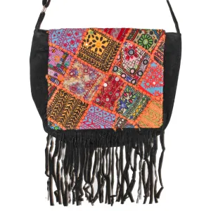 Mirror Work Fabric Patchwork Embroidery Pattern Vintage Canvas Fringe Suede Crossbody Bag