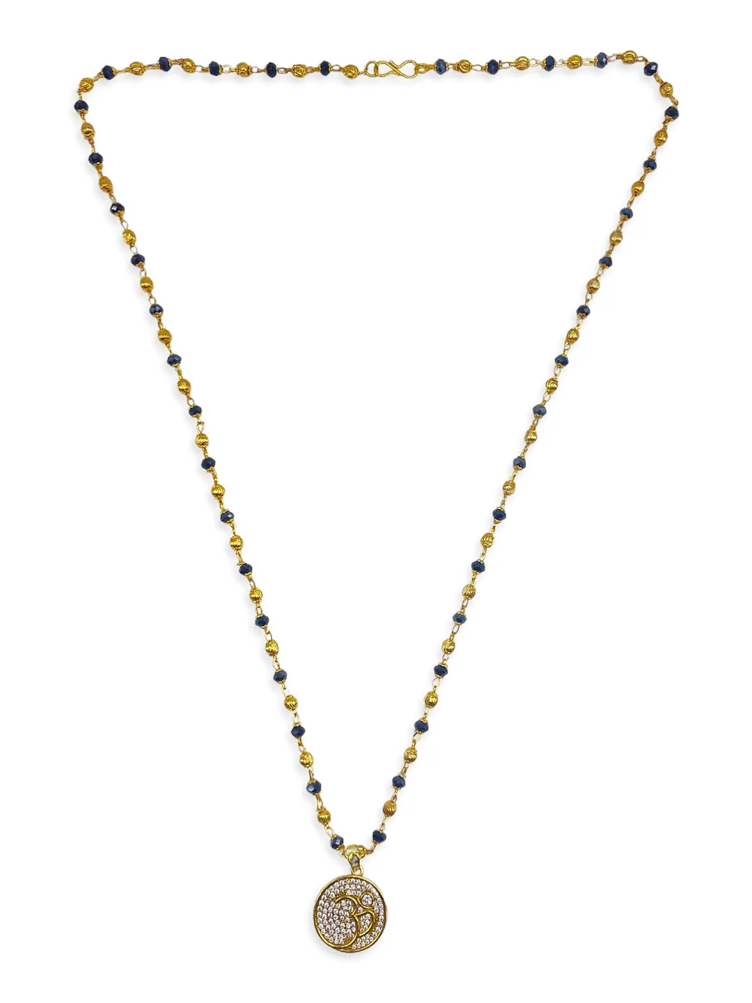 Modern Long Mangalsutra Designs American Diamond Om Pendant Crystal Gold And Black Beads Chain
