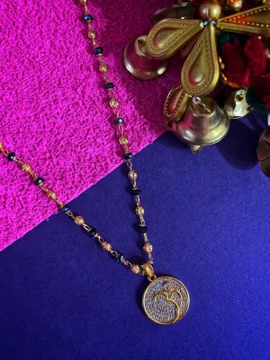 Modern Long Mangalsutra Designs American Diamond Om Pendant Crystal Gold And Black Beads Chain