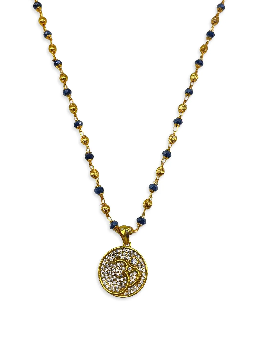 Modern Long Mangalsutra Designs American Diamond Om Pendant Crystal Gold And Black Beads Chain