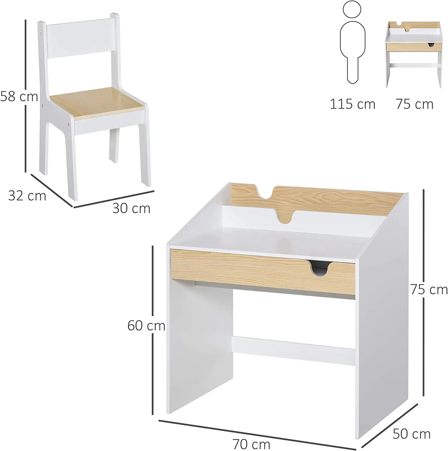 Montessori Children's Homework Desk | Bookshelf | Storage & Chair | Natural & White | 3-8 Years