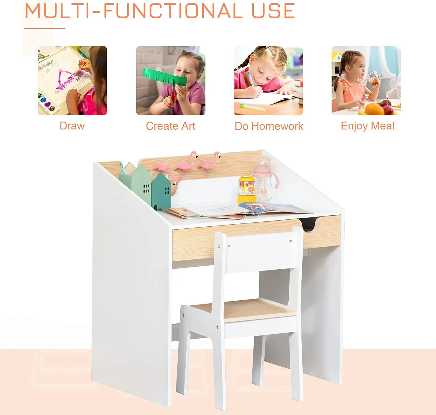 Montessori Children's Homework Desk | Bookshelf | Storage & Chair | Natural & White | 3-8 Years