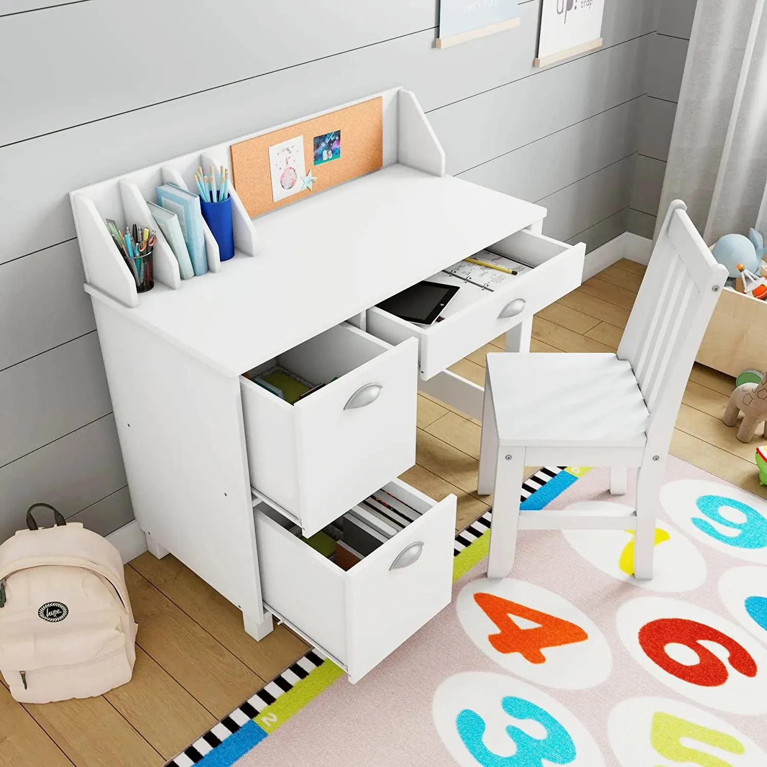 Montessori Scratch-resistant Homework Desk | Bookshelf | Storage & Chair | White | 5 Years 