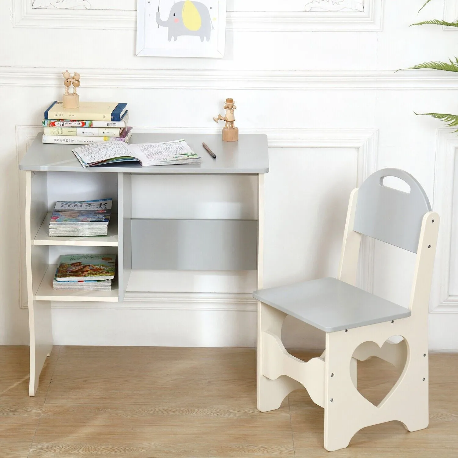 Montessori Sweetheart Children's Homework Desk | Bookshelf | Storage & Stool | Cream & Grey | 3-10 Years