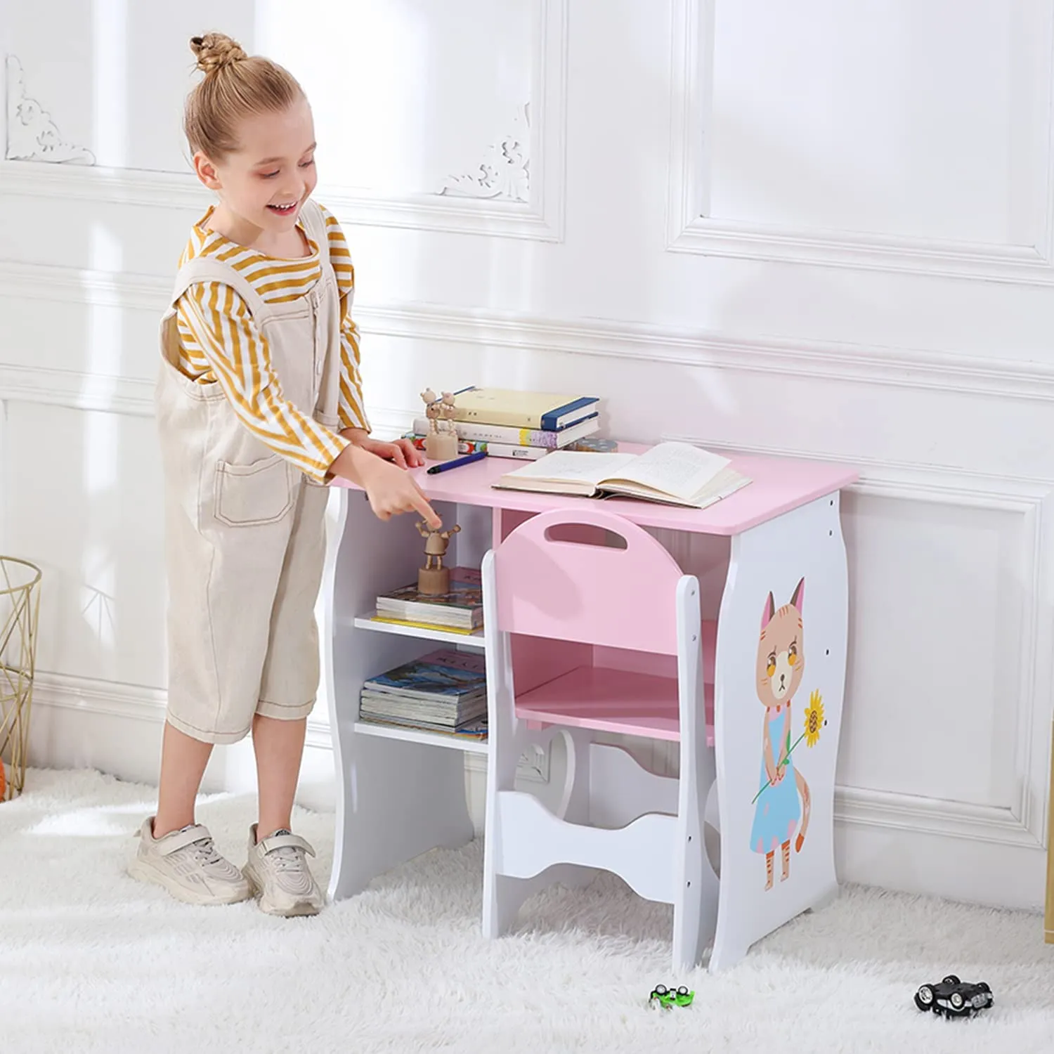 Montessori Sweetheart Children's Homework Desk | Bookshelf | Storage & Stool | Pink & White | 3-10 Years